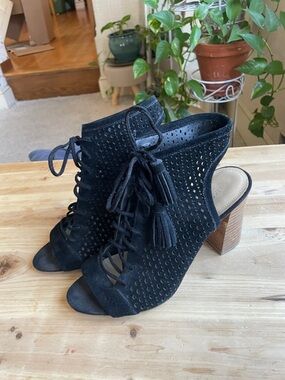 Marc Fisher Black Perforated Lace-Up Peep-Toe Leather Suede Heeled Booties
